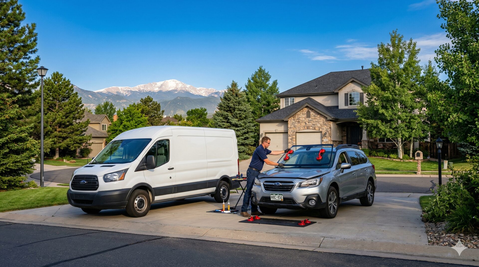 5280 Glass Pro technician replacing a windshield at a Denver home with Colorado mountains in the background